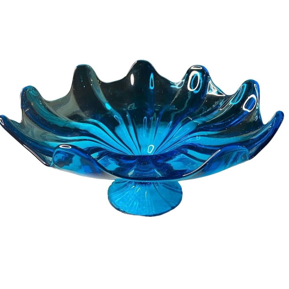 Viking Glass Bluenique Centerpiece Dish 9 Petal Compote Bowl MCM - Picture 2 of 2